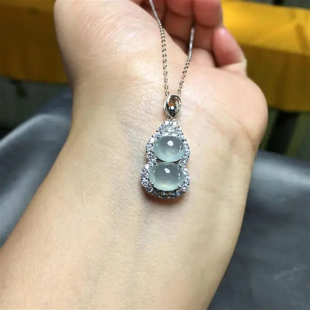 Silver Inlaid Chalcedony Gourd Necklace Pendant Charm Retro Female Jewelry