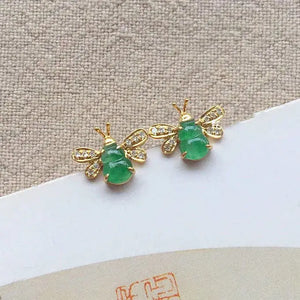 Chalcedony Sweet Green Gourd Bee Earrings with Silver Inlays