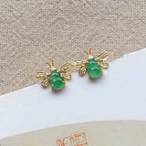 Chalcedony Sweet Green Gourd Bee Earrings with Silver Inlays