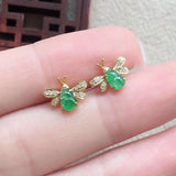 Chalcedony Sweet Green Gourd Bee Earrings with Silver Inlays