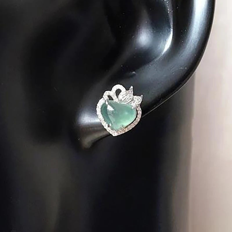 Silver Inlaid Ice Chalcedony Heart Earrings Retro Female Jewelry