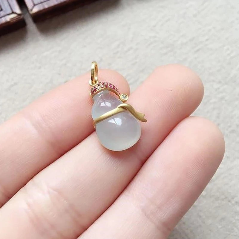Silver Inlaid Ice Chalcedony Gourd Pendant Necklace Charm