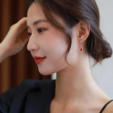 Chinese Retro Silver Earrings with Red Tourmaline Gourd Charm