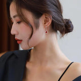 Chinese Retro Silver Earrings with Red Tourmaline Gourd Charm