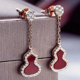 Chinese Retro Silver Earrings with Red Tourmaline Gourd Charm