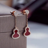 Chinese Retro Silver Earrings with Red Tourmaline Gourd Charm