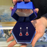 Chinese Retro Silver Earrings with Red Tourmaline Gourd Charm