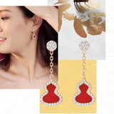 Chinese Retro Silver Earrings with Red Tourmaline Gourd Charm