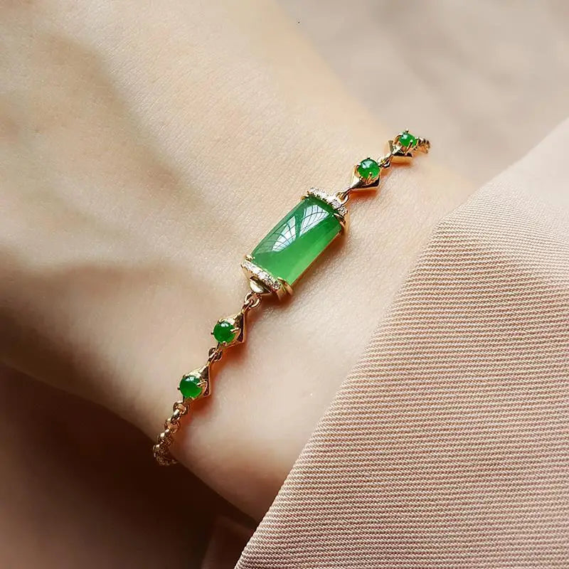 Silver Inlaid Sun Green Jade Column Bracelet Charm