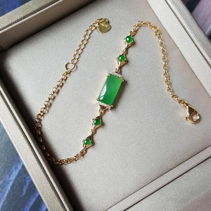 Silver Inlaid Sun Green Jade Pillar Bracelet Charm