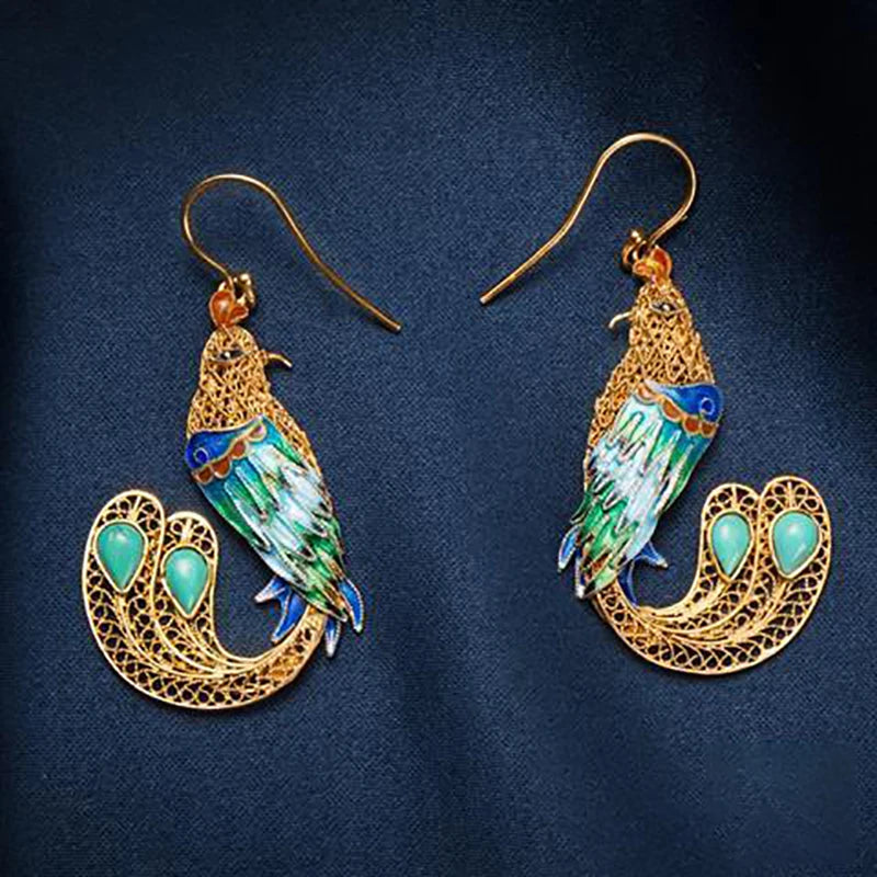 Turquoise Phoenix Earrings Retro Chinese Court Craft Women's Silver Jewelry