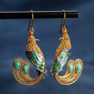 Turquoise Phoenix Earrings Retro Chinese Court Craft Women's Silver Jewelry
