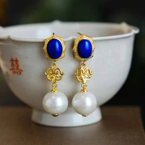 Retro Lapis Lazuli Pearl Earrings Women Engagement Jewelry Gift