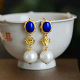 Retro Lapis Lazuli Pearl Earrings Women Engagement Jewelry Gift