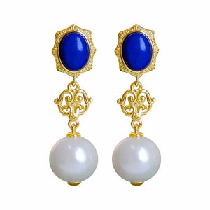 Retro Lapis Lazuli Pearl Earrings Women Engagement Jewelry Gift