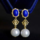 Retro Lapis Lazuli Pearl Earrings Women Engagement Jewelry Gift