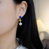 Retro Lapis Lazuli Pearl Earrings Women Engagement Jewelry Gift