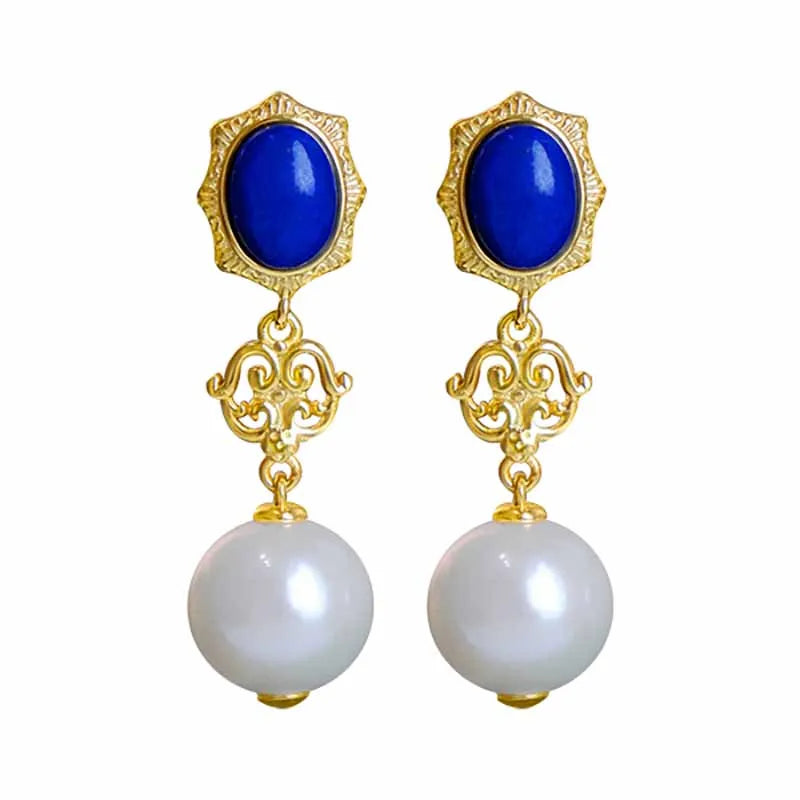 Retro Lapis Lazuli Pearl Earrings Women Engagement Jewelry Gift