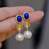 Retro Lapis Lazuli Pearl Earrings Women Engagement Jewelry Gift