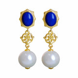 Retro Lapis Lazuli Pearl Earrings Women Engagement Jewelry Gift