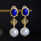 Retro Lapis Lazuli Pearl Earrings Women Engagement Jewelry Gift