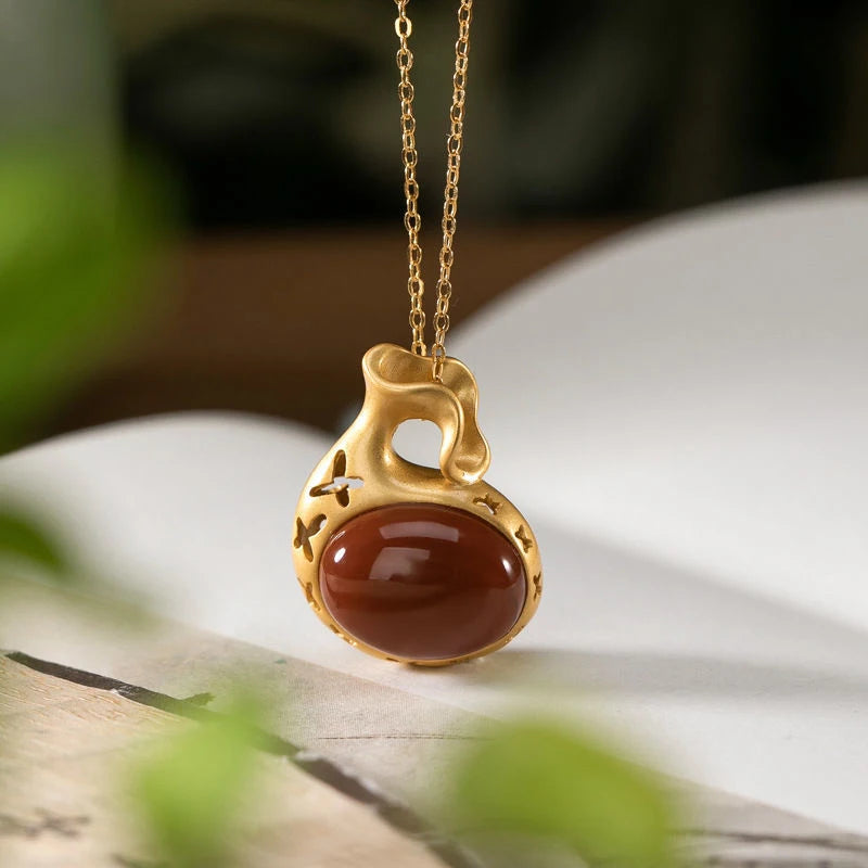 Inlaid Red Tourmaline Pendant Palace Butterfly Retro Jewelry