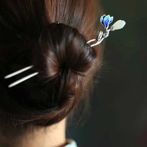 Vintage Silver Inlaid Hetian Jade Enamel Porcelain Orchid Hair Accessories