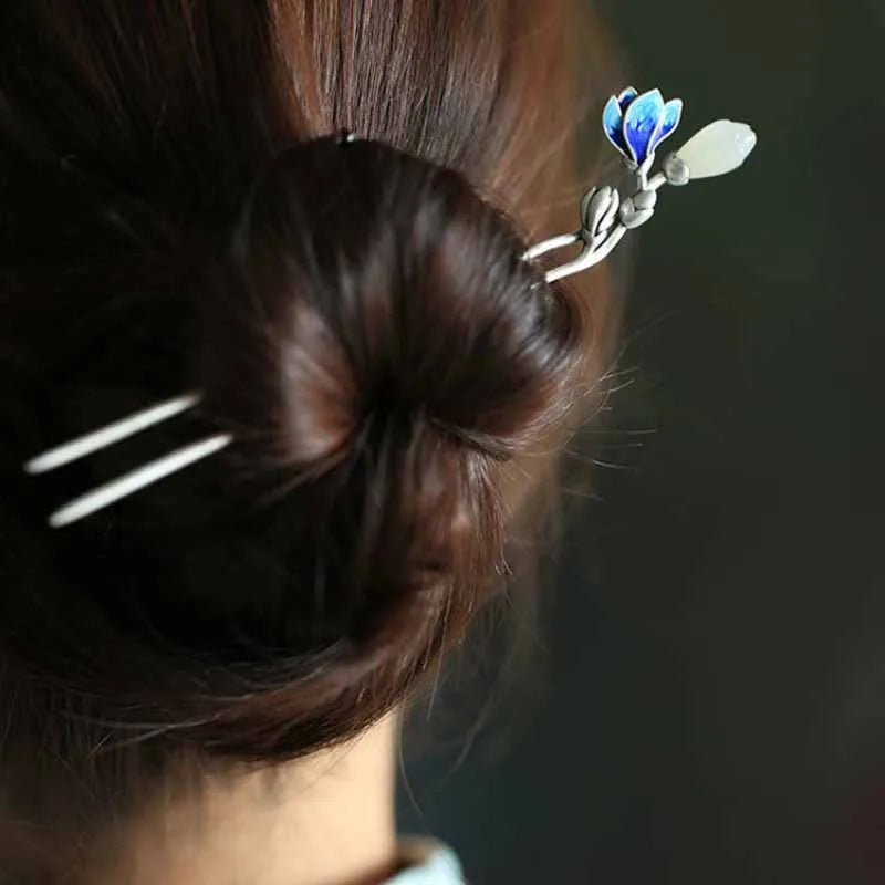 Vintage Silver Inlaid Hetian Jade Hairpin Ethnic Charm Hanfu Accessory