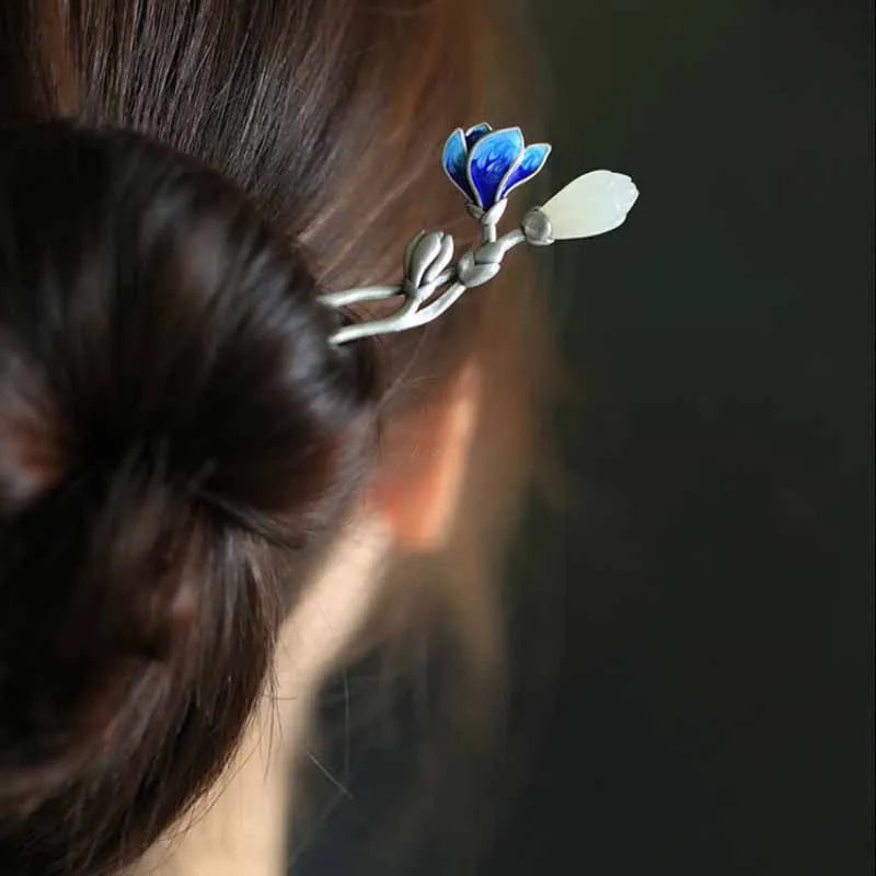 Vintage Silver Inlaid Hetian Jade Enamel Orchid Hair Accessory