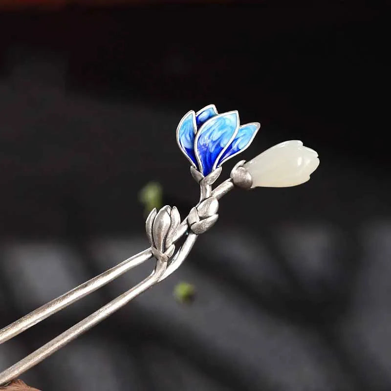 Vintage Silver Inlaid Hetian Jade Hairpin Ethnic Charm Hanfu Accessory