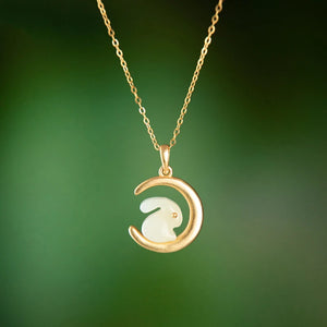 Hotan Jade Moon Rabbit Pendant Necklace Silver Jewelry