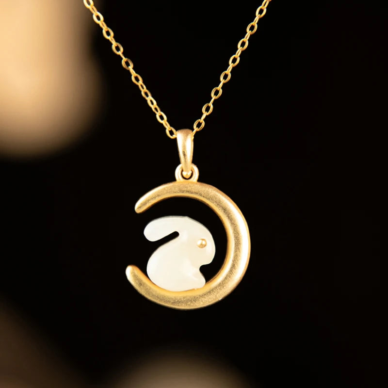 Hotan Jade Moon Rabbit Pendant Necklace Silver Jewelry