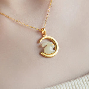 Hotan Jade Moon Rabbit Pendant Necklace - Wedding Silver Jewelry