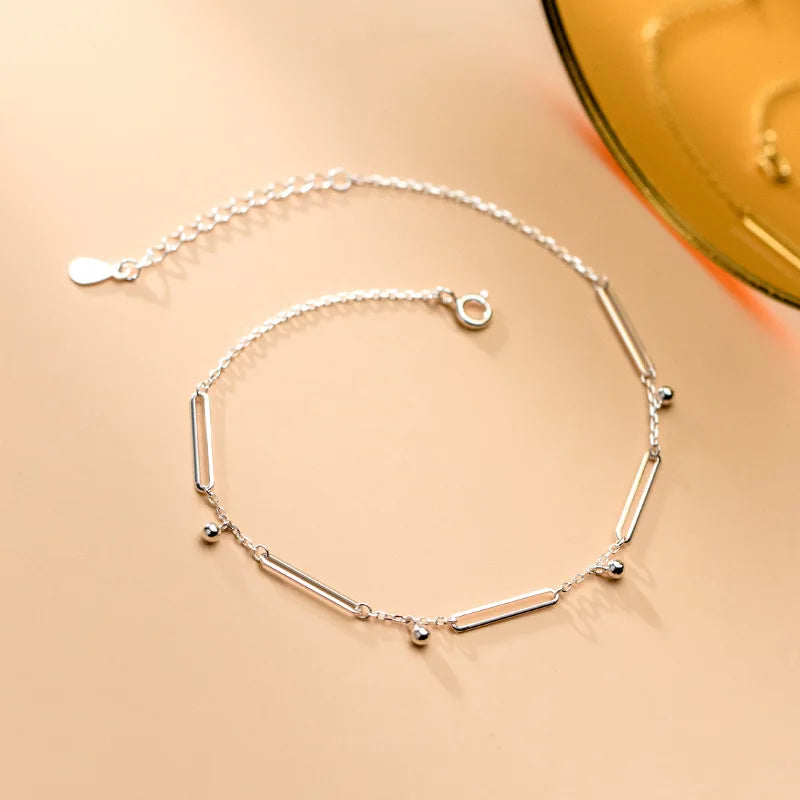 Silver 925 Anklet Foot Bracelet Women Jewelry Geometric Rectangle Bead Leg Chain