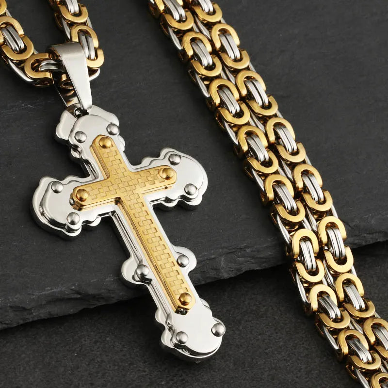 Orthodox Cross Pendant Necklace for Men Stainless Steel Catholic Jesus Necklace