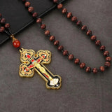 Orthodox Crucifix Jesus Cross Pendant Necklace Wooden Rosary Beaded Chain