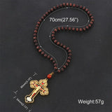 Orthodox Crucifix Jesus Cross Pendant Necklace Wooden Rosary Beaded Chain
