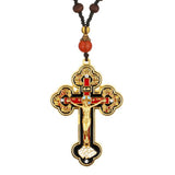 Orthodox Crucifix Jesus Cross Pendant Necklace Wooden Rosary Beaded Chain