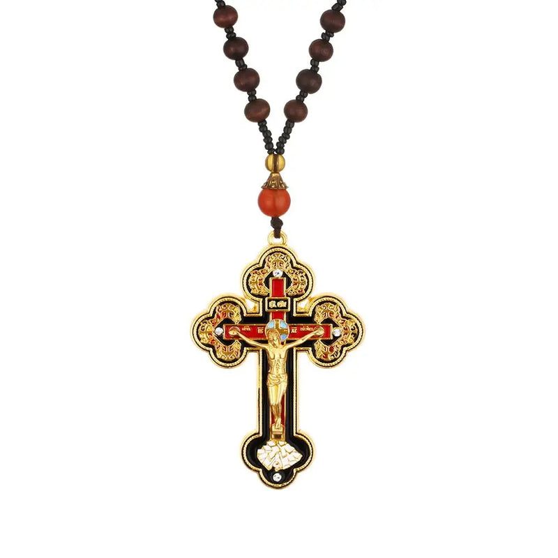 Orthodox Crucifix Jesus Cross Pendant Necklace Wooden Rosary Beaded Chain