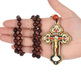 Orthodox Crucifix Jesus Cross Pendant Necklace Wooden Rosary Beaded Chain