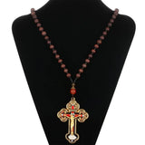 Orthodox Crucifix Jesus Cross Pendant Necklace Wooden Rosary Beaded Chain