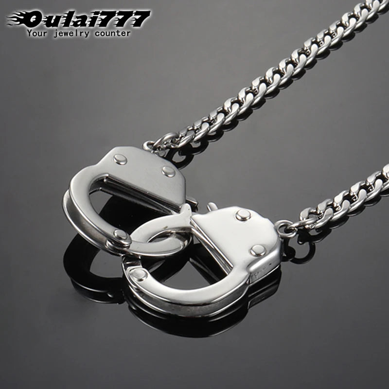 Oulai777 Stainless Steel Handcuffs Pendant Necklace Hip Hop Accessories