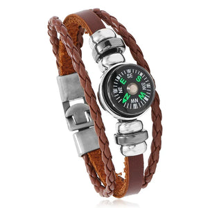 Outdoor Compass Charm Leather Bracelet Men Women Braided Wristband Jewelry