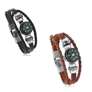Outdoor Compass Charm Leather Bracelet Men Women Braided Wristband Jewelry