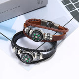 Outdoor Compass Charm Leather Bracelet Men Women Braided Wristband Jewelry