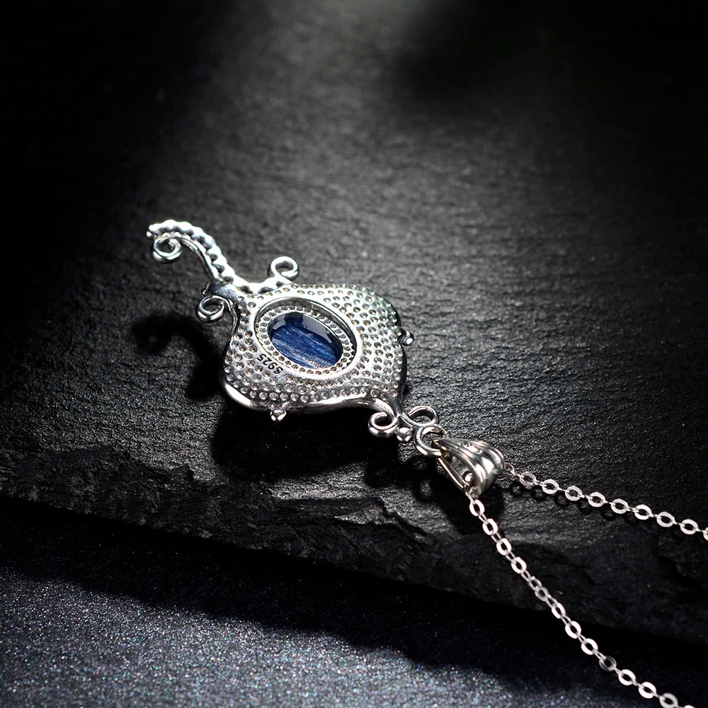 Natural Kyanite 925 Silver Vintage Pendant Necklace - 8x10MM Oval