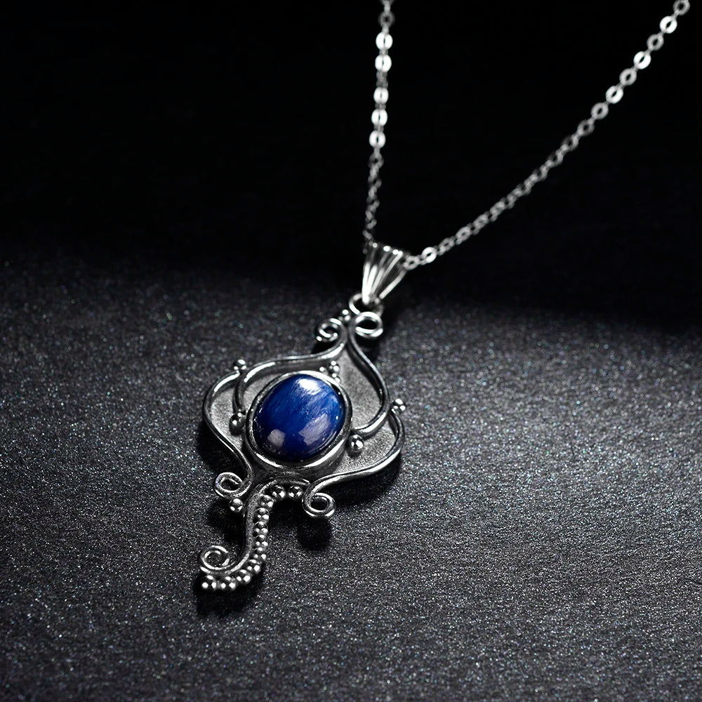 Natural Kyanite 925 Silver Vintage Pendant Necklace - 8x10MM Oval