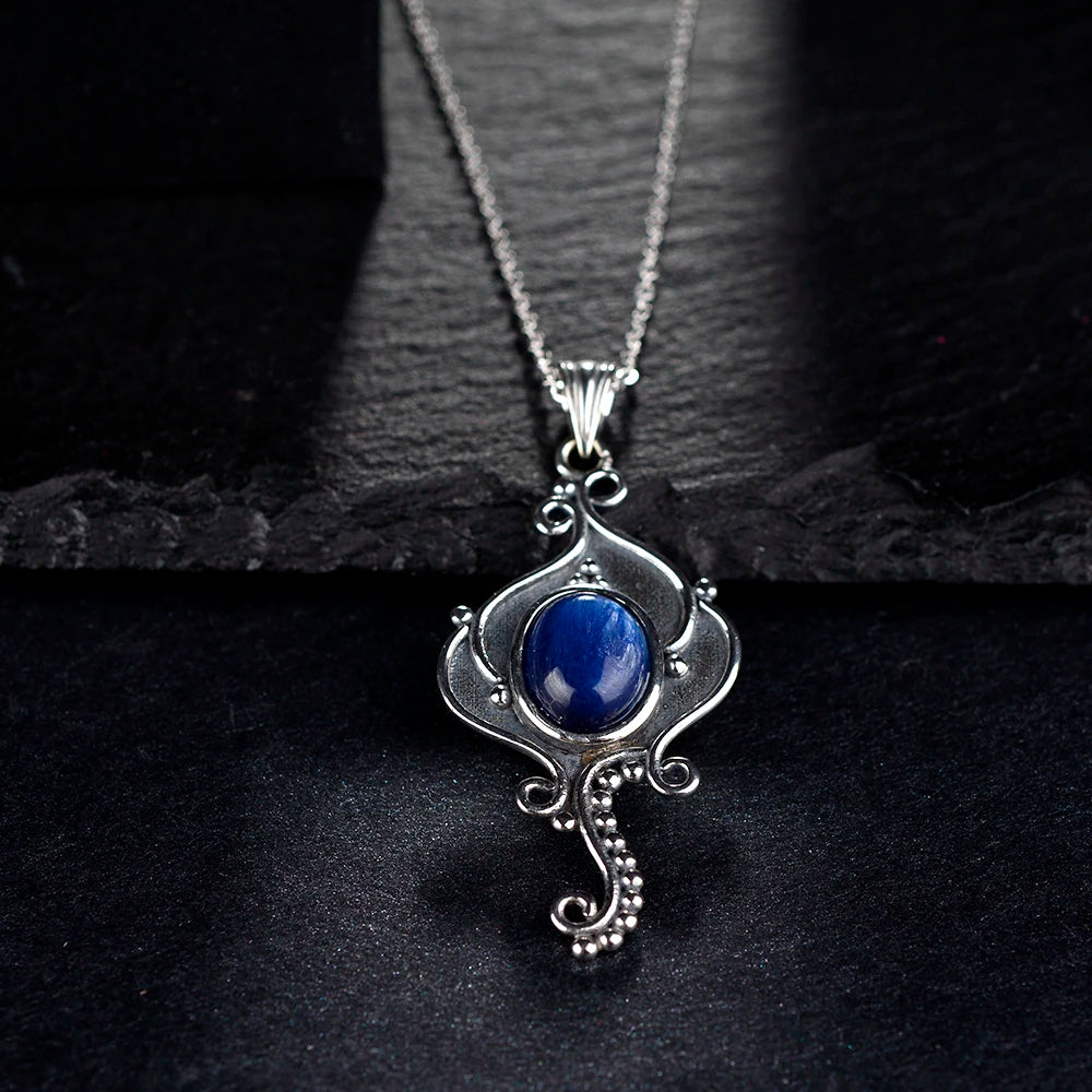 Natural Kyanite 925 Silver Vintage Pendant Necklace - 8x10MM Oval