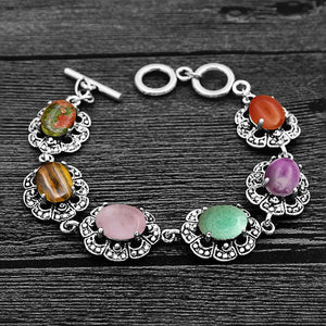 Colorful Natural Stone Flower Bracelet Tibetan Silver Plated 6 Chakra Tiger Eye