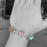 Colorful Natural Stone Flower Bracelet Tibetan Silver Plated 6 Chakra Tiger Eye